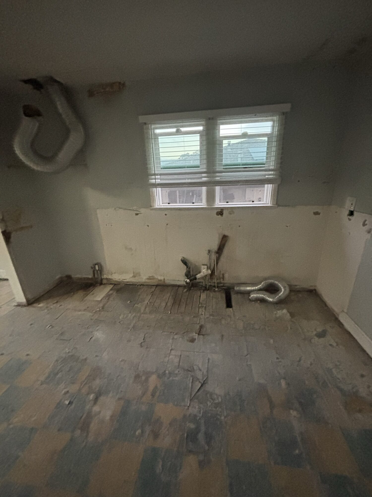 Kitchen mid-demolition with cabinets removed, drywall stripped at the base and plumbing exposed, ready for OSR haul-off